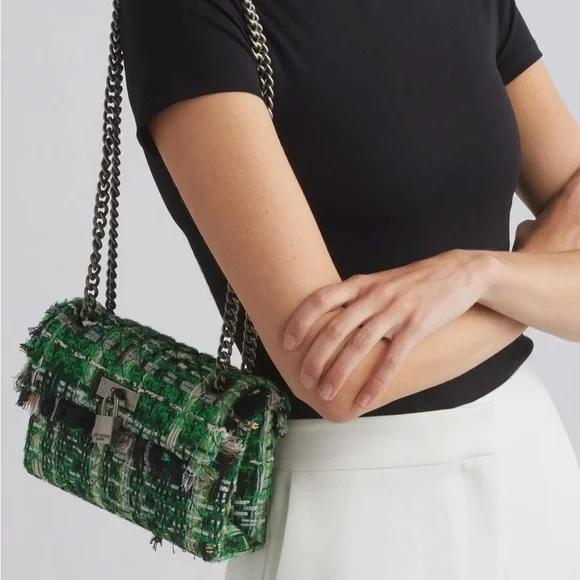 KURT GEIGER London Mini Brixton Lock Tweed Convertible Bag In Pale Green - Picture 4 of 8